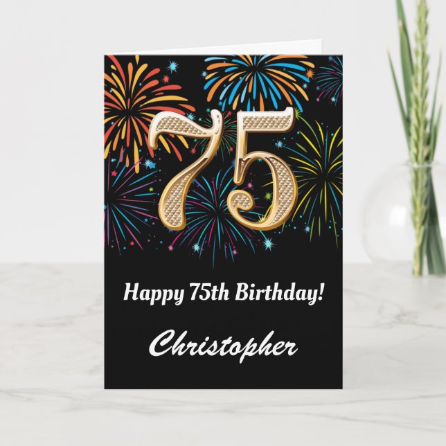 Carte 75e anniversaire Rainbow Fireworks noir et or (Devant)