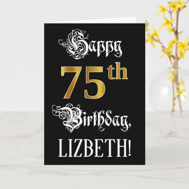 Carte 75e anniversaire — Script fantaisie; look or Faux; (Fleur jaune)