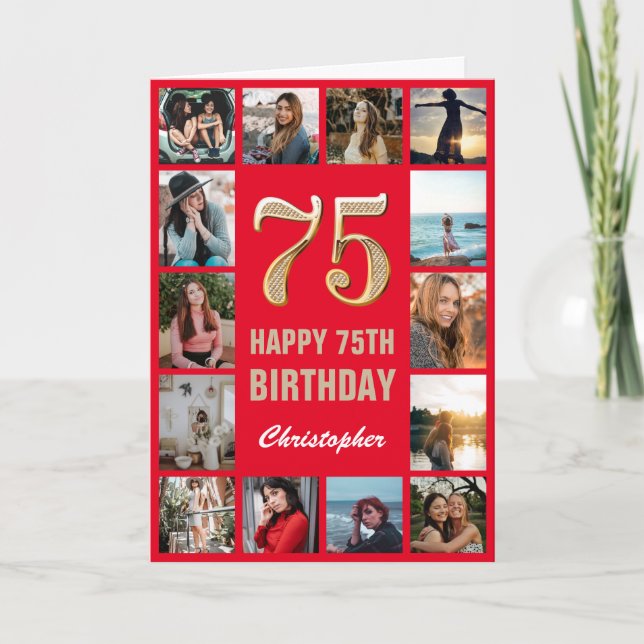 Carte 75e Joyeux Anniversaire Collage photo rouge et or (Devant)