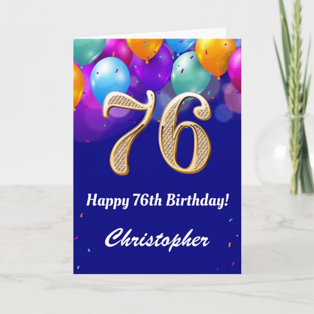 Carte 76e anniversaire Ballons bleu et or couleur marine (Devant)