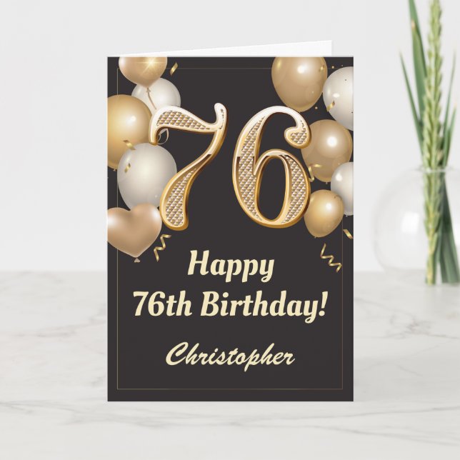 Carte 76e anniversaire Ballons Noir et Or Confetti (Devant)