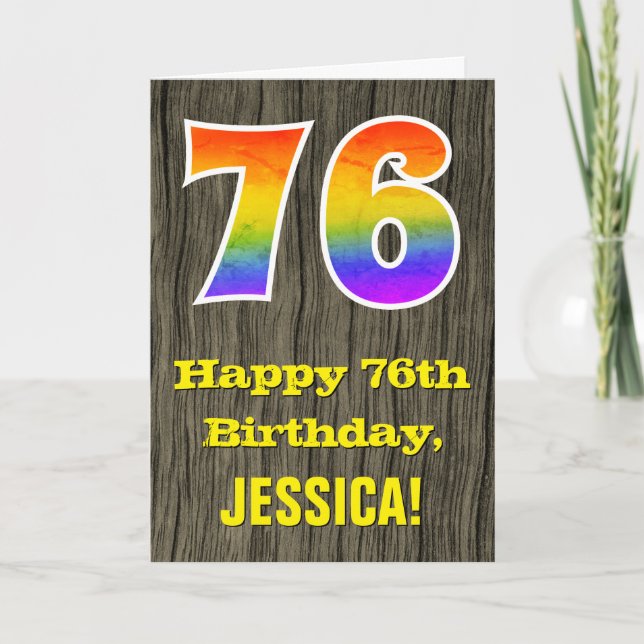 Carte 76e anniversaire : Rustic Faux Wood Look, Rainbow  (Devant)