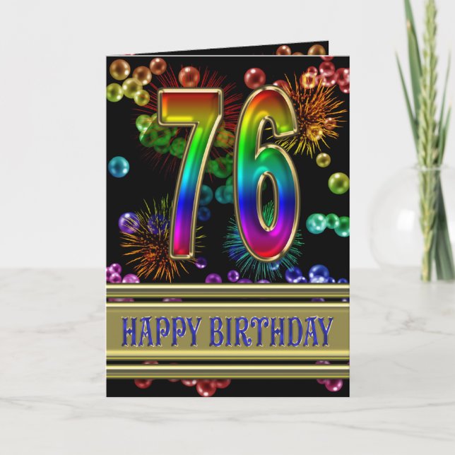 Carte 76ème anniversaire avec bulles arc-en-ciel et feux (Devant)