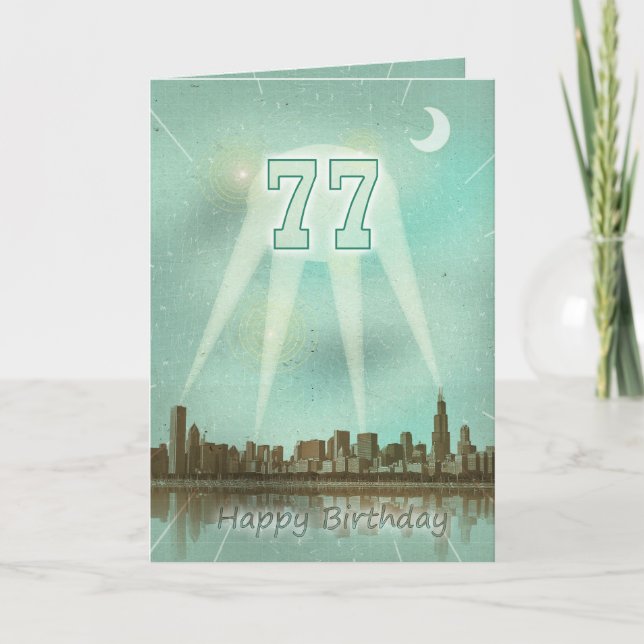 Carte 77e anniversaire avec une ville et des spots (Devant)