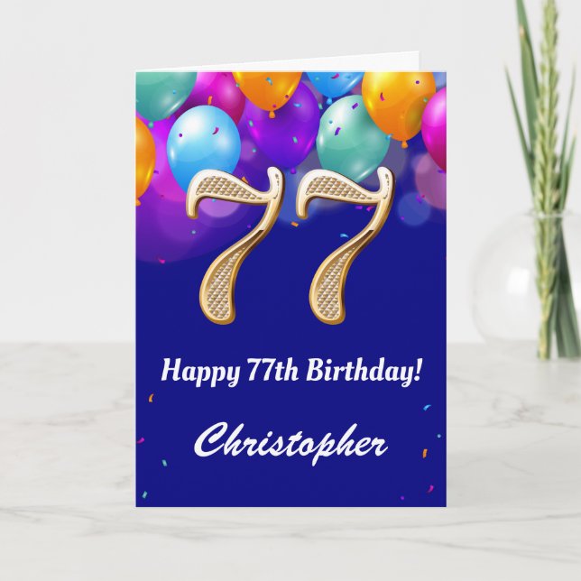Carte 77e anniversaire Ballons bleu et or couleur marine (Devant)