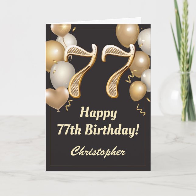 Carte 77e anniversaire Ballons Noir et Or Confetti (Devant)