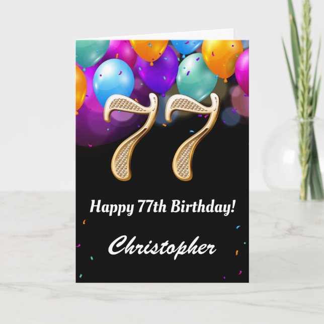 Carte 77e anniversaire Ballons noirs et dorés (Devant)