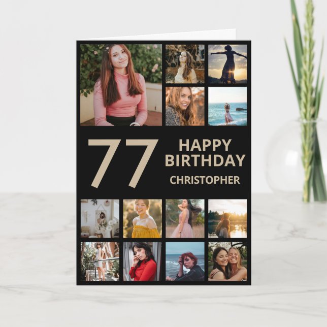 Carte 77e anniversaire Photo Collage 13 Photos Black & G (Devant)