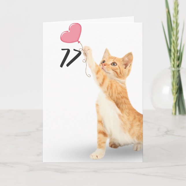 Carte 77e anniversaire tabby chat avec ballon cardiaque (Devant)
