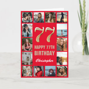 Carte 77e Joyeux Anniversaire Collage photo rouge et or