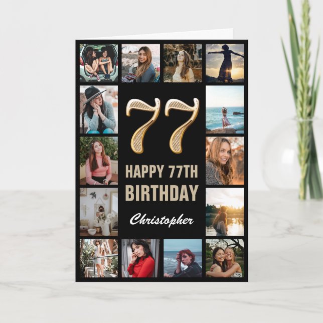 Carte 77e Joyeux Anniversaire noir et or Collage photo (Devant)