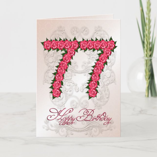 Carte 77ème anniversaire avec rose et feuille (Devant)
