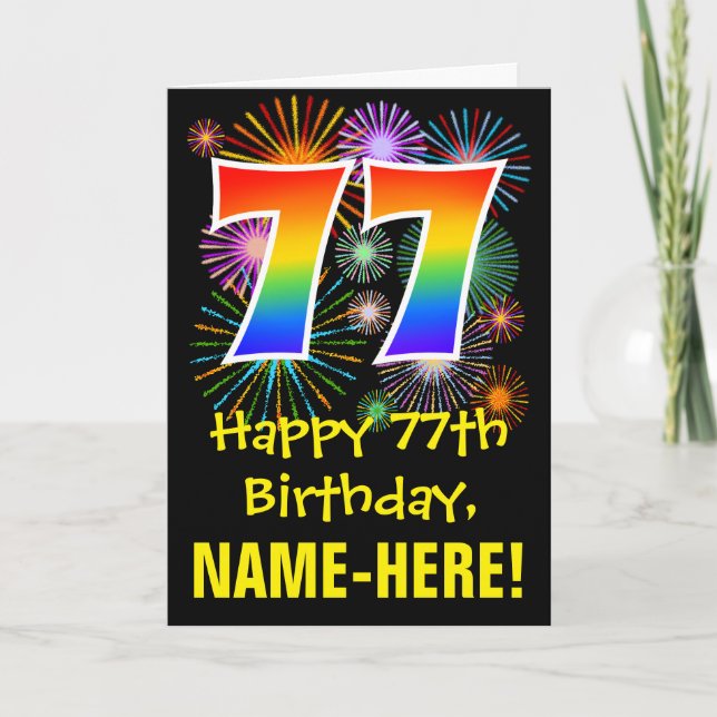 Carte 77ème anniversaire : Fun Fireworks Motif + Rainbow (Devant)