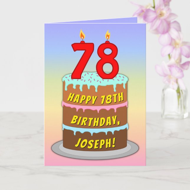 Carte 78e anniversaire — Fun Cake & Candles, avec nom pe (Orchidée)