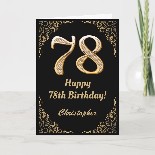 Carte 78e anniversaire Parties scintillant noir et or (Devant)