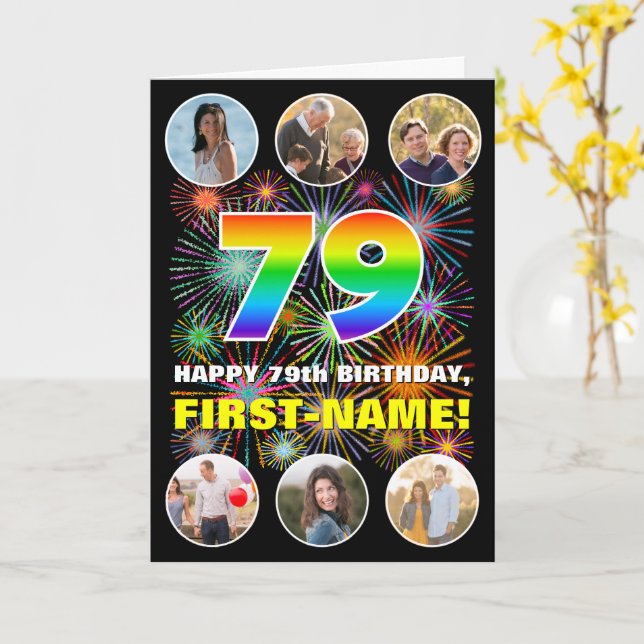 Carte 79e anniversaire : Arc en ciel amusant #, Nom pers (Fleur jaune)