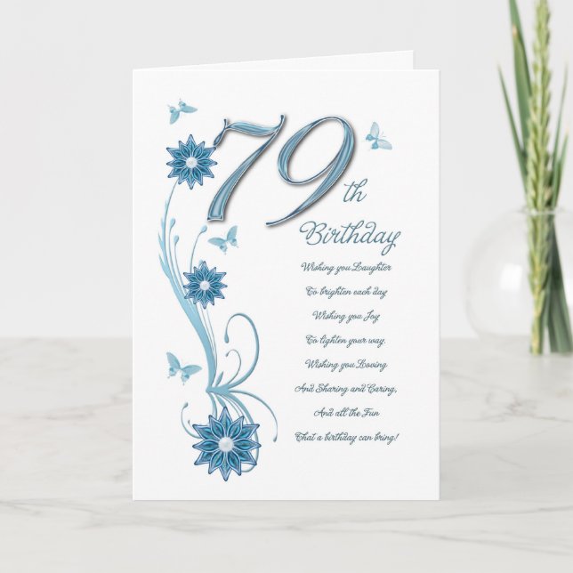 Carte 79e anniversaire en turquoise avec fleurs et papil (Devant)