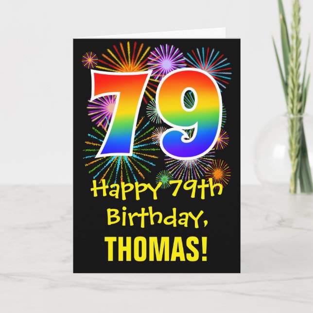 Carte 79e anniversaire : Fun Fireworks Motif + Rainbow 7 (Devant)