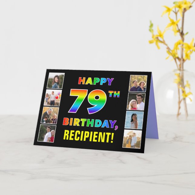 Carte 79e anniversaire : Rainbow Text, Custom Photos & N (Fleur jaune)