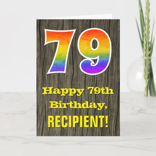 Carte 79e anniversaire : Rustic Faux Wood Look, Rainbow  (Devant)