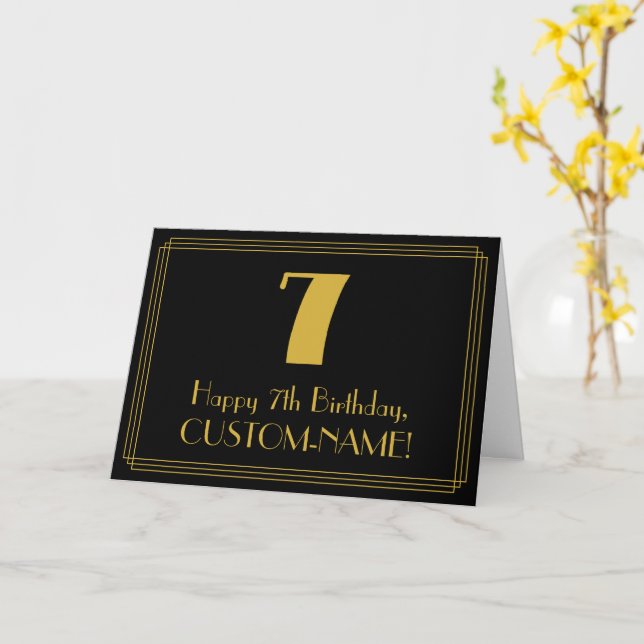 Carte 7e anniversaire : Art Déco Inspiré Look "7" + Nom (Fleur jaune)