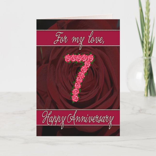Carte 7e anniversaire avec roses et feuille (Devant)