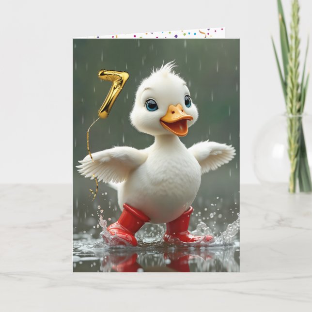 Carte 7e anniversaire Canard blanc dans une flaque de pl (Devant)