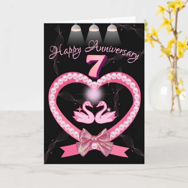 Carte 7e anniversaire de Mariage Pink Heart Bow for Coup (Fleur jaune)