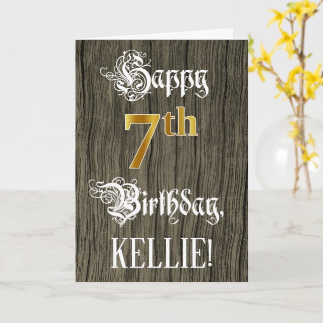 Carte 7e anniversaire : Faux Gold Look + Faux Wood Motif (Fleur jaune)