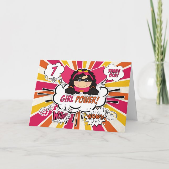 Carte 7e anniversaire Filles Super Kids Pink Comic Book (Devant)
