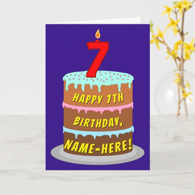 Carte 7e anniversaire : Fun Cake and Candle + Nom person (Fleur jaune)