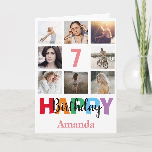 Carte 7e anniversaire heureux Collage photo moderne rose (Devant)