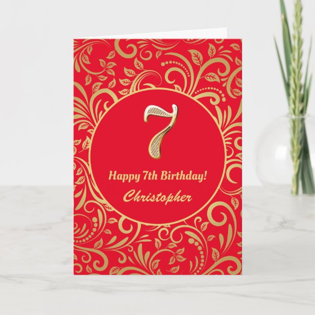 Carte 7e anniversaire Motif Floral rouge et or (Devant)