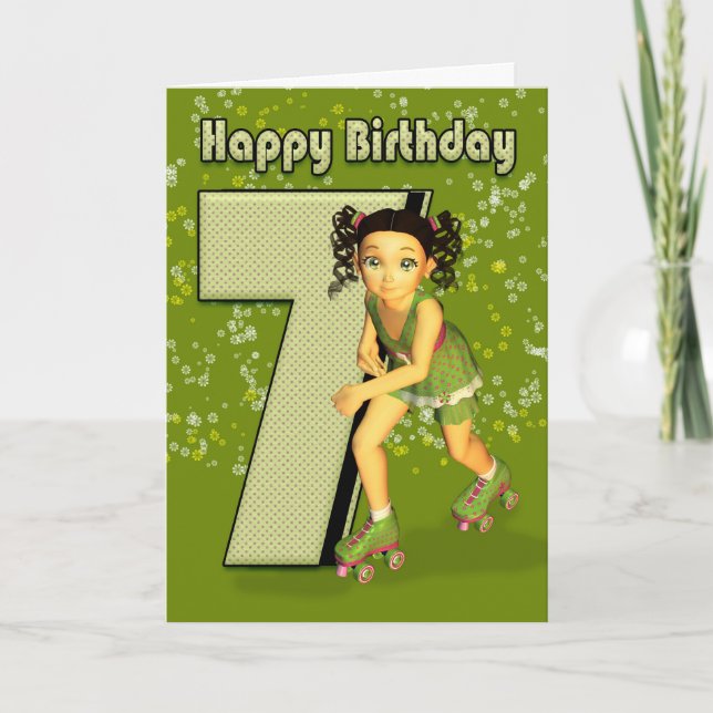 Carte 7e anniversaire - Petite fille de patinage (Devant)