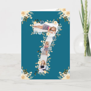 Carte 7e anniversaire Photo Collage bleu Fleur jaune Tur