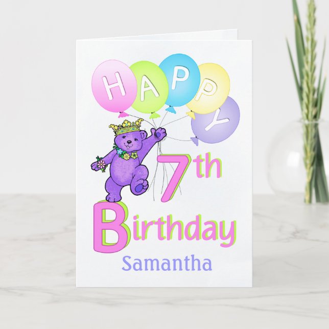 Carte 7e anniversaire Princesse Bear, Nom personnalisé (Devant)