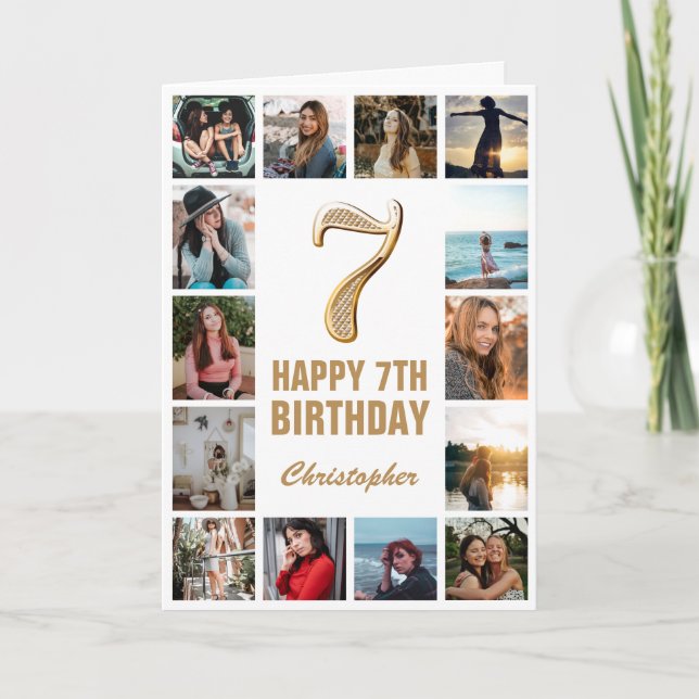 Carte 7e Joyeux anniversaire Gold et White Photo Collage (Devant)