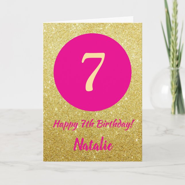 Carte 7e Joyeux anniversaire Hot rose et Parties scintil (Devant)
