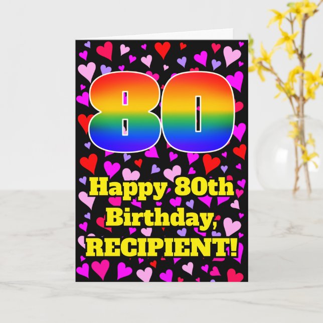 Carte 80e anniversaire : Amour Hearts Motif, Arc en ciel (Fleur jaune)