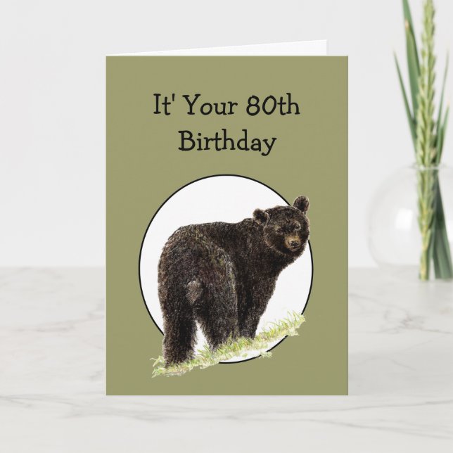 Carte 80e anniversaire amusant Ours noir - Grin et l'our (Devant)
