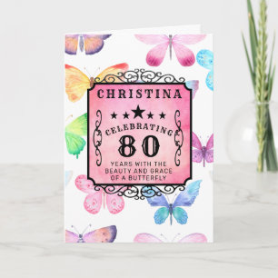 Carte 80e anniversaire Aquarelle rose papillon Salutatio