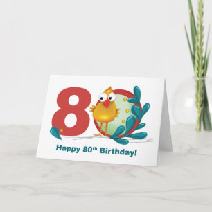 Carte 80e anniversaire avec un oiseau drôle et la branch