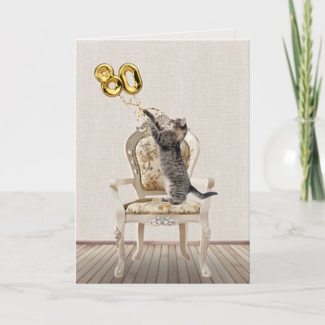 Carte 80e anniversaire Ballons et Tabby Cat (Devant)