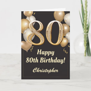 Carte 80e anniversaire Ballons Noir et Or Confetti