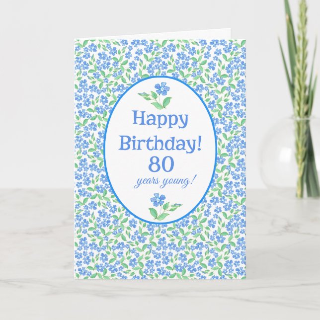 Carte 80e anniversaire Joli bleu vert Périwinkle Fleurs (Devant)