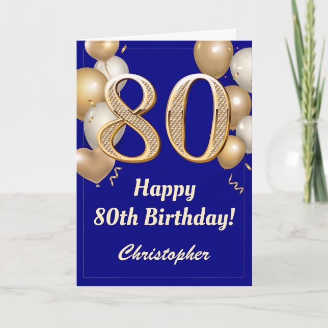 Carte 80e anniversaire Marine Bleu et Ballons d'or Confe (Devant)