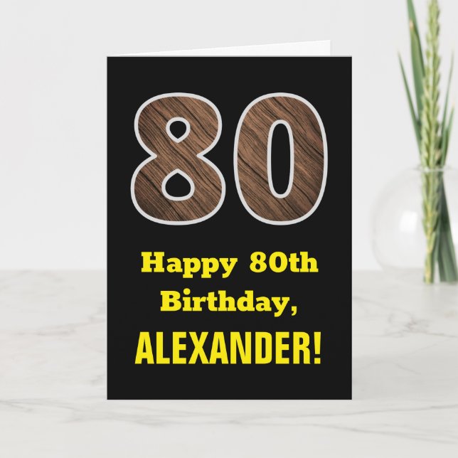 Carte 80e anniversaire : Nom, Motif Faux Wood Grain "80" (Devant)