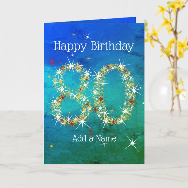 Carte 80e anniversaire - Nombres d'étoiles - Vert bleu - (Fleur jaune)