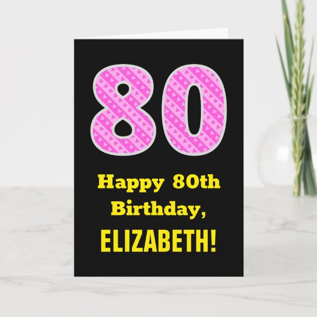 Carte 80e anniversaire : Pink Stripes and Hearts "80" +  (Devant)