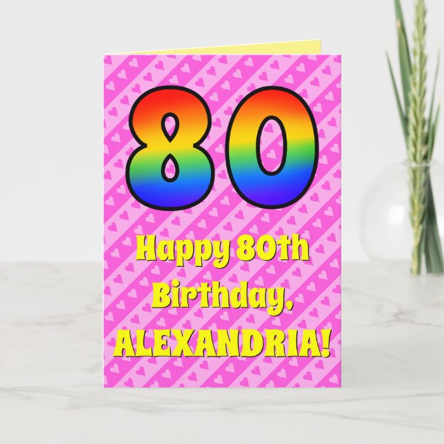 Carte 80e anniversaire : Pink Stripes & Hearts, Rainbow  (Devant)